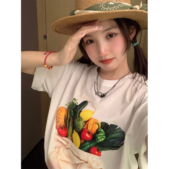 Official figure Korean simple vegetable and fruit printing loose women's summer new style