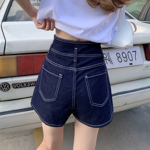 Photo taken in real summer  new versatile high waist pants show thin design, wide leg jeans with breasted student pants