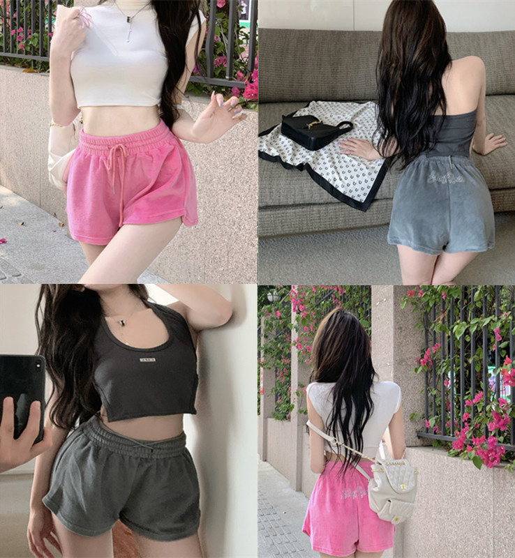 Real price real shooting women's team leg design sense of minority thin style Spice Girl wide leg pants sports High Waist Shorts