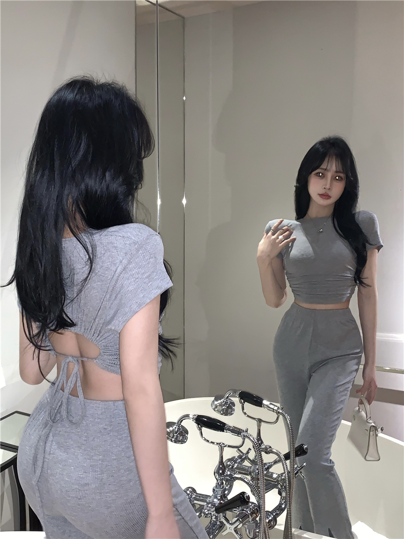 American Spice Girls Sexy backless short sleeve T-shirt women's summer thin micro La casual pants fashion suit two piece set