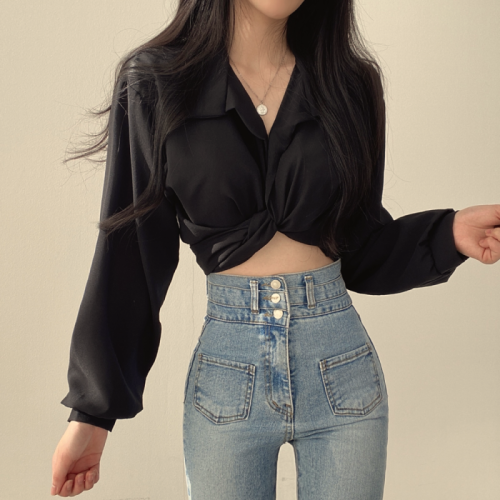 韩国chic夏季法式小众设计感后背系带蝴蝶结露肚脐短款衬衫上衣女