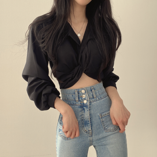 韩国chic夏季法式小众设计感后背系带蝴蝶结露肚脐短款衬衫上衣女