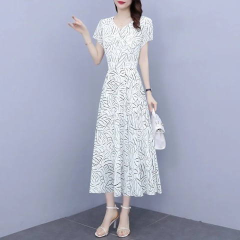 White printed chiffon dress women's summer dress 2021 new slim fit and slim large belly covered floral Fairy Dress
