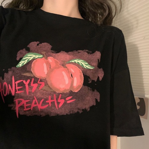 Hot girl style top summer new peach print chic short navel exposed short sleeve T-shirt bottom shirt