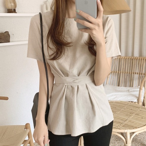 French top women's summer simple and versatile, small crowd round neck, waist closing strap, loose and thin, solid color short sleeve shirt, thin style