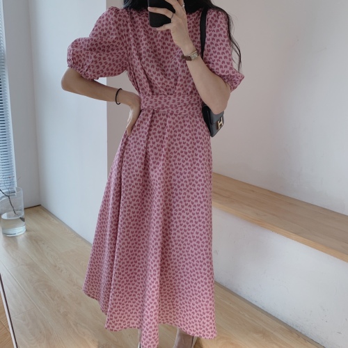 Chin Korean pink small peach heart waist lace up slim dress