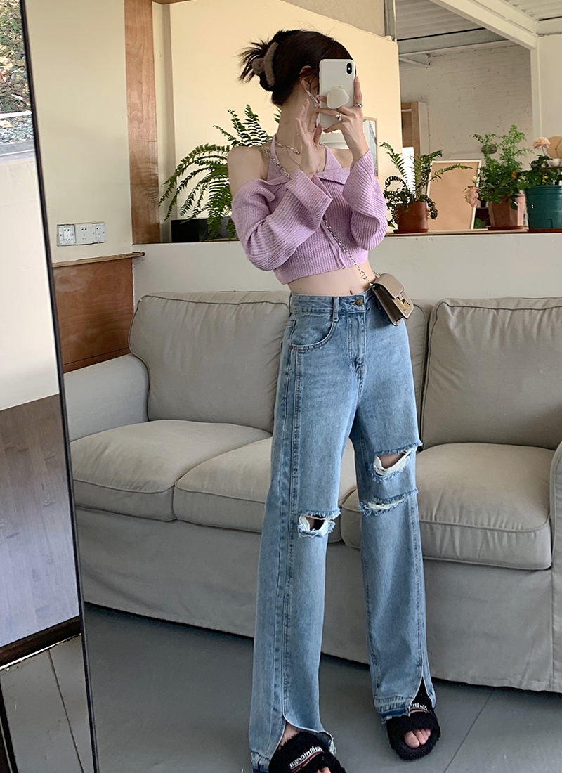 Real price: 2022 summer new straight hole jeans women's Retro High Waist split pants trend