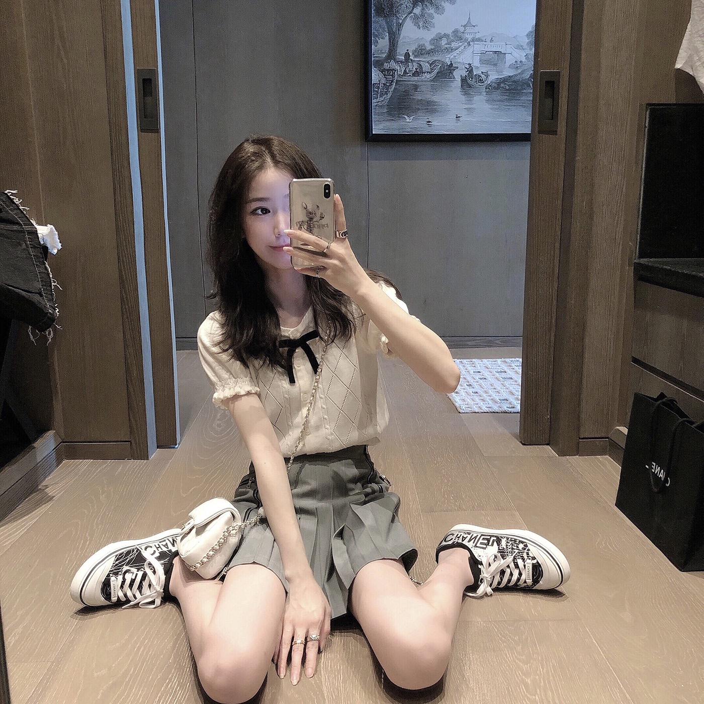 Momenthome cute bow short top summer breathable cool feeling fungus edge knitted short sleeved women