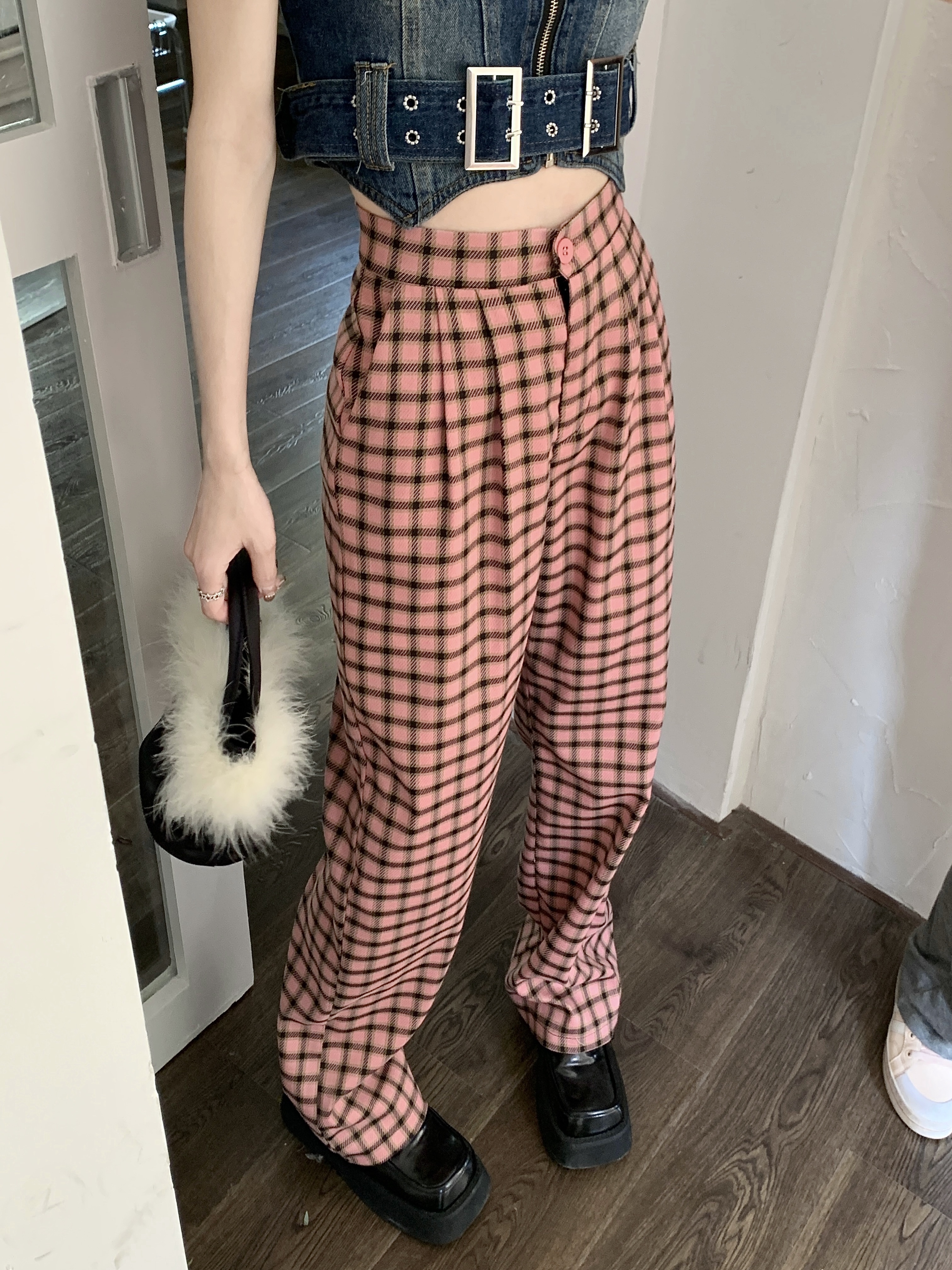 Real shooting real price versatile straight tube plaid pants women's high waist new leg length casual pants wide leg pants fashion