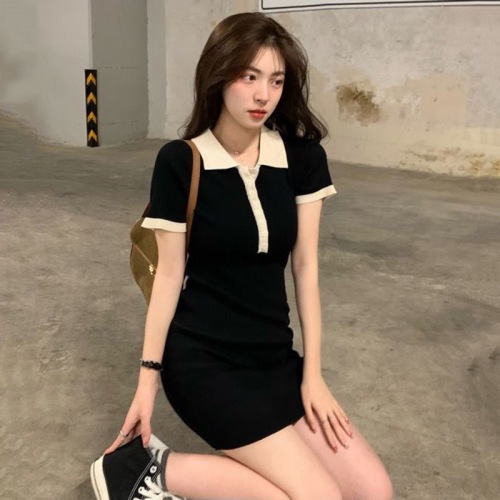 American hot girl knitted skirt small  new style pure style sexy short polo collar short sleeve dress women