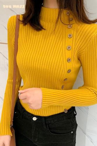New semi high collar Pullover long sleeve slim fit sweater women's ins style button versatile sweater base coat thick