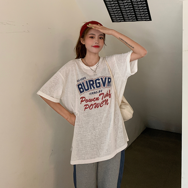 Cotton 2022 new summer design round neck letter print pleated short sleeve T-shirt