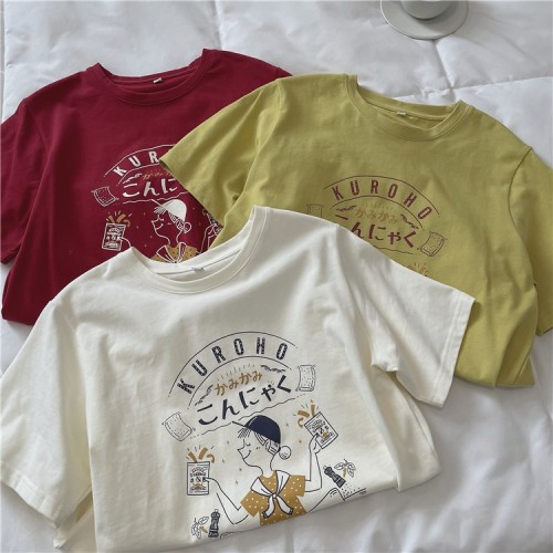 Official picture pure cotton Japanese cute printed round neck loose letter short sleeve t-shirt female