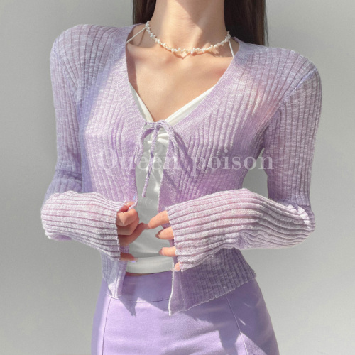 American retro V-neck lace up sunscreen air conditioning shirt women's loose and slim in summer short shawl knitted cardigan