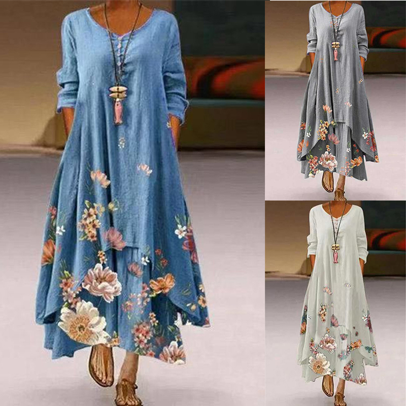 2022 new express Amazon popular printed long sleeved dress women's skirt with irregular hem