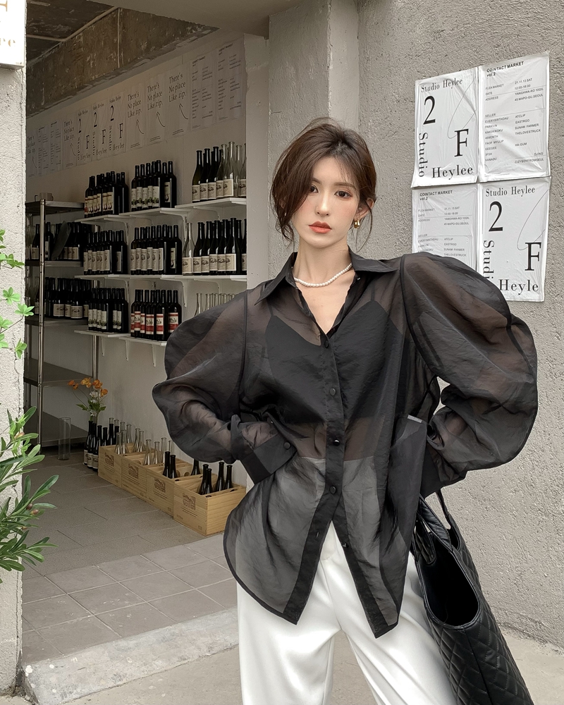 Real shooting of summer Hong Kong style fashionable high-grade feeling bubble sleeve transparent yarn long sleeve shirt loose Chiffon perspective sunscreen top