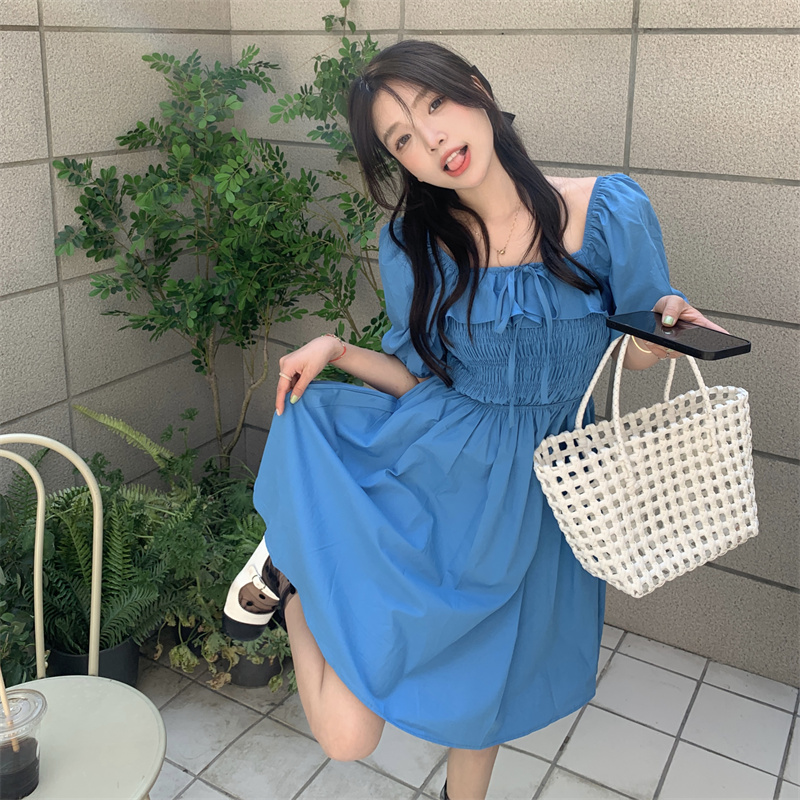 Real price sweet one line collar Ruffle mid length dress Korean girls close waist thin A-line skirt