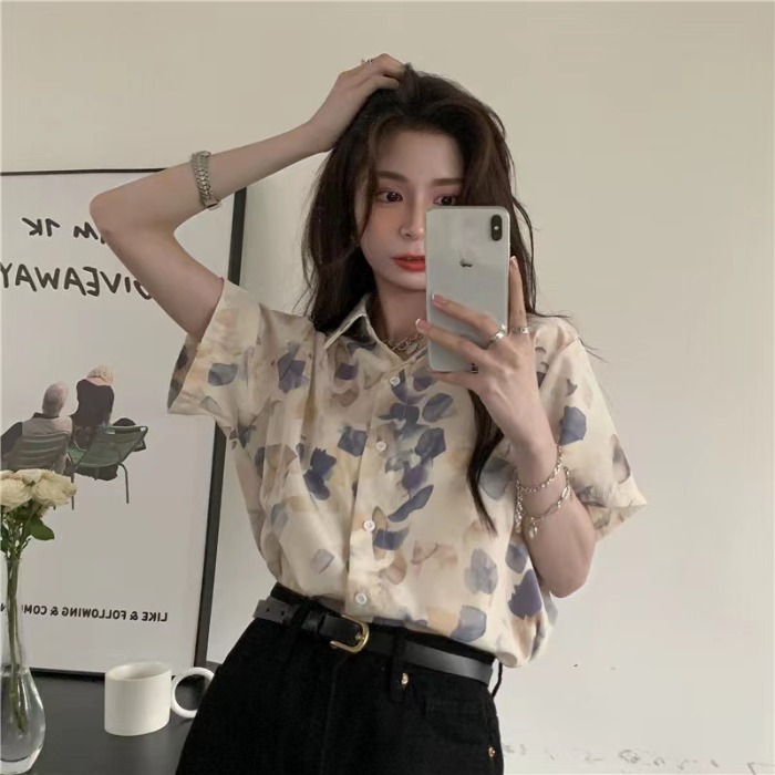 2022 port style printed shirt women's summer design Short Sleeve Shirt loose Vintage thin Chiffon Top