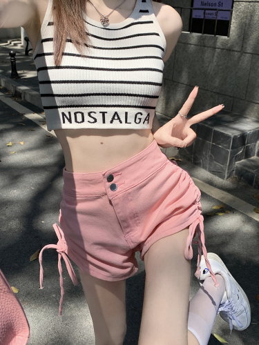 Real price solid color double breasted thin shorts side drawstring character leg pocket hot pants