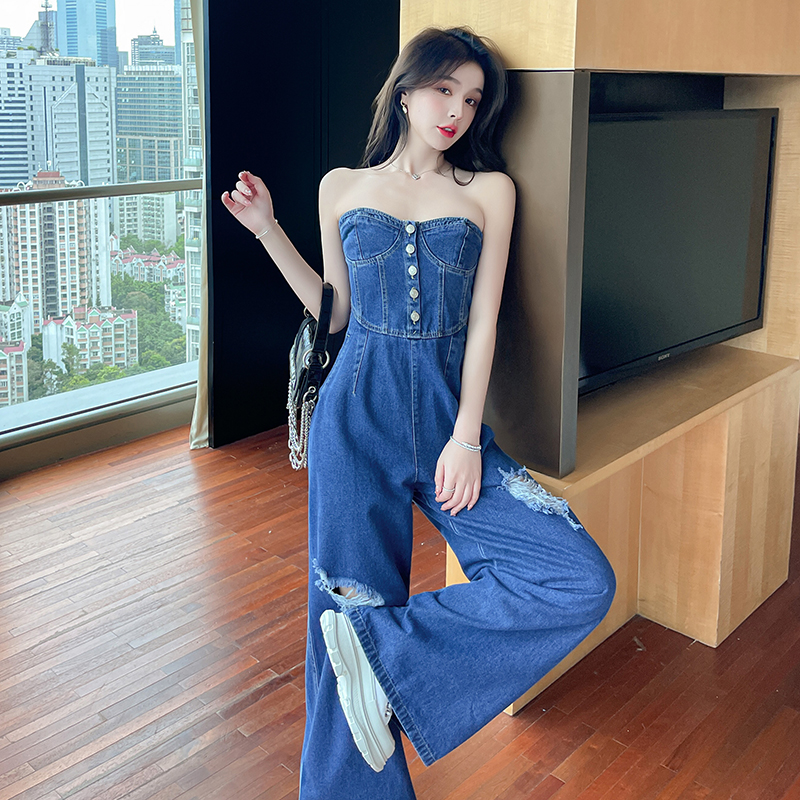 Real price 2022 hot girls sexy Strapless cowboy Jumpsuit women's design sense of minority high waist thin wide leg pants