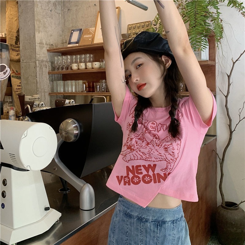 Cotton 2022 summer new fashion Korean women's wear new design sense irregular printing slim fit