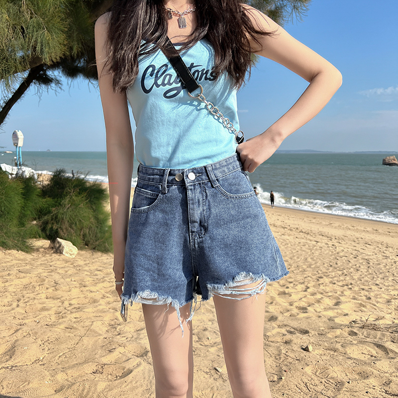 Real shooting shorts women's summer 2022 new Korean version ins Retro High waist hole wide leg jeans Zichao