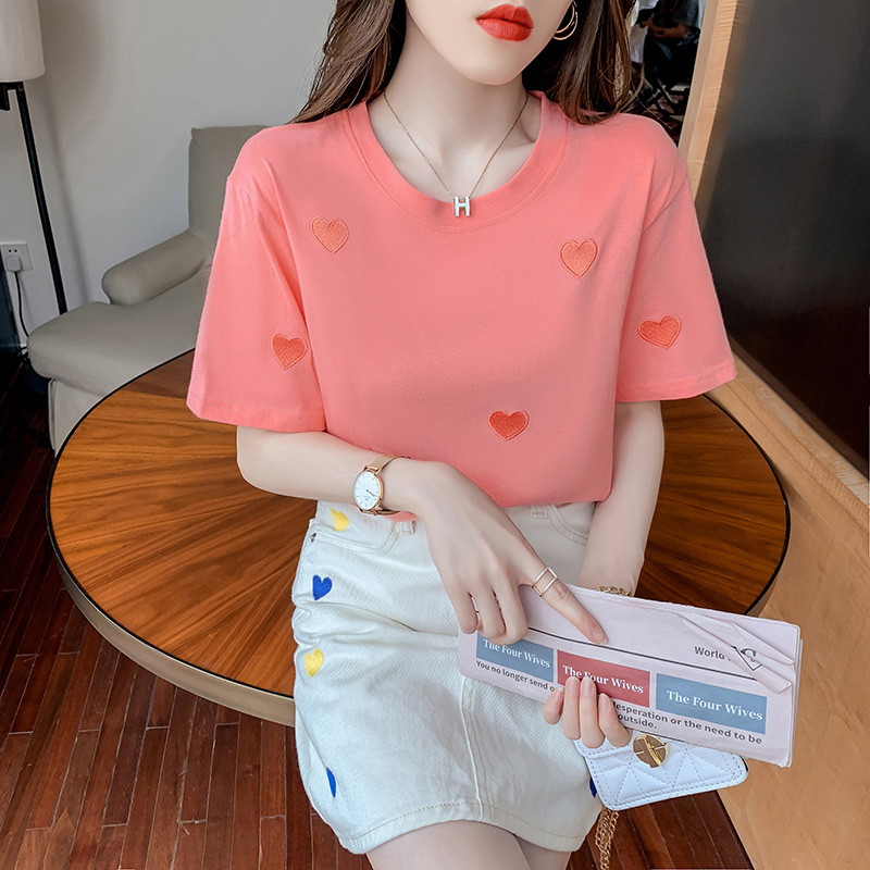 Korean Short Sleeved T-shirt women's summer 2022 new love embroidered clothes women's bottomed shirt
