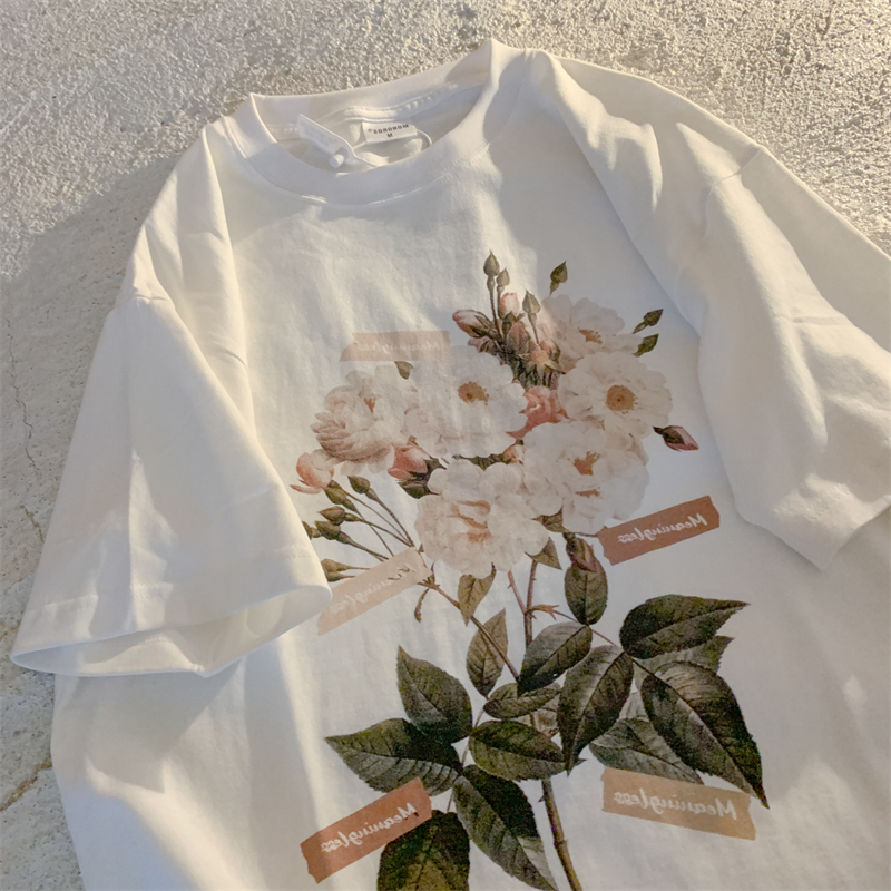 Official figure real price cotton American retro rose short sleeve T-shirt women's fashion loose in summer