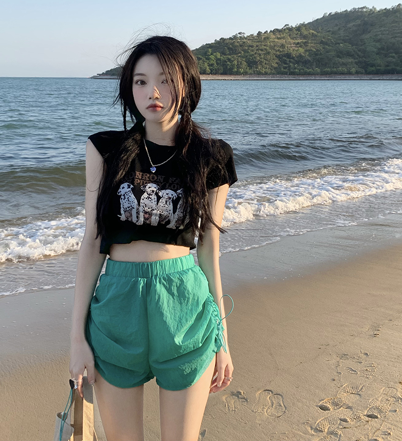 Real price white green elastic drawstring quick drying spring and summer sports high waist casual pants
