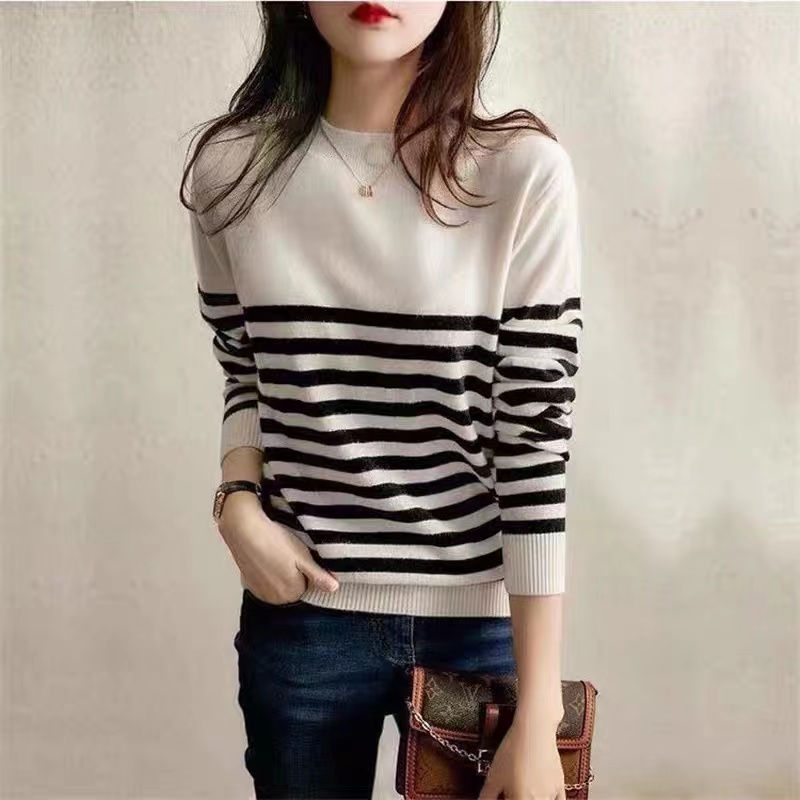 French retro inside with contrast striped cashmere sweater autumn winter Korean fashion casual thin bottomed sweater women
