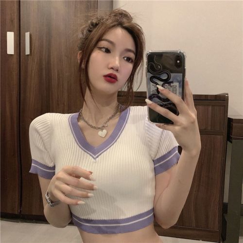 Short white T-shirt Korean chic upper garment women's wear spring 2022 new fashion Spice Girl V-neck short sleeve in
