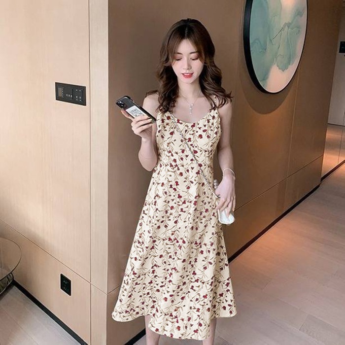 Official figure floral suspender dress women's waist is thin in summer 2022 new long skirt