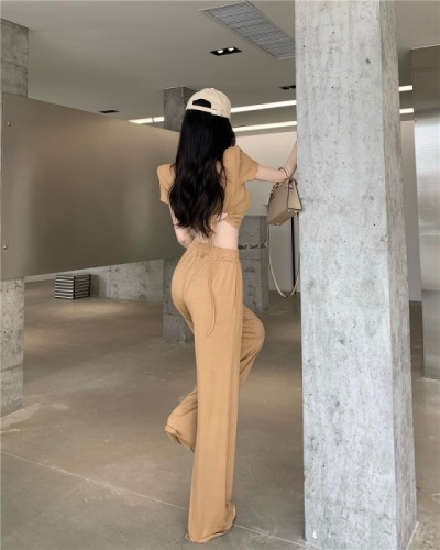 Korean fashion suit women's hollow out bandage Short Sleeve T-Shirt Top Elastic Waist Wide Leg casual pants two-piece set in summer