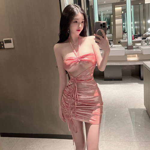 Real shot ~ Sexy Pink bright face slim cut out temptation nightclub Hip Wrap low breast drawstring strapless dress women