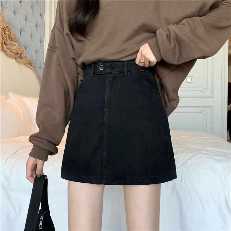 Black double button new denim skirt female summer high waist small slim casual bag hip A-line short skirt ins fashion