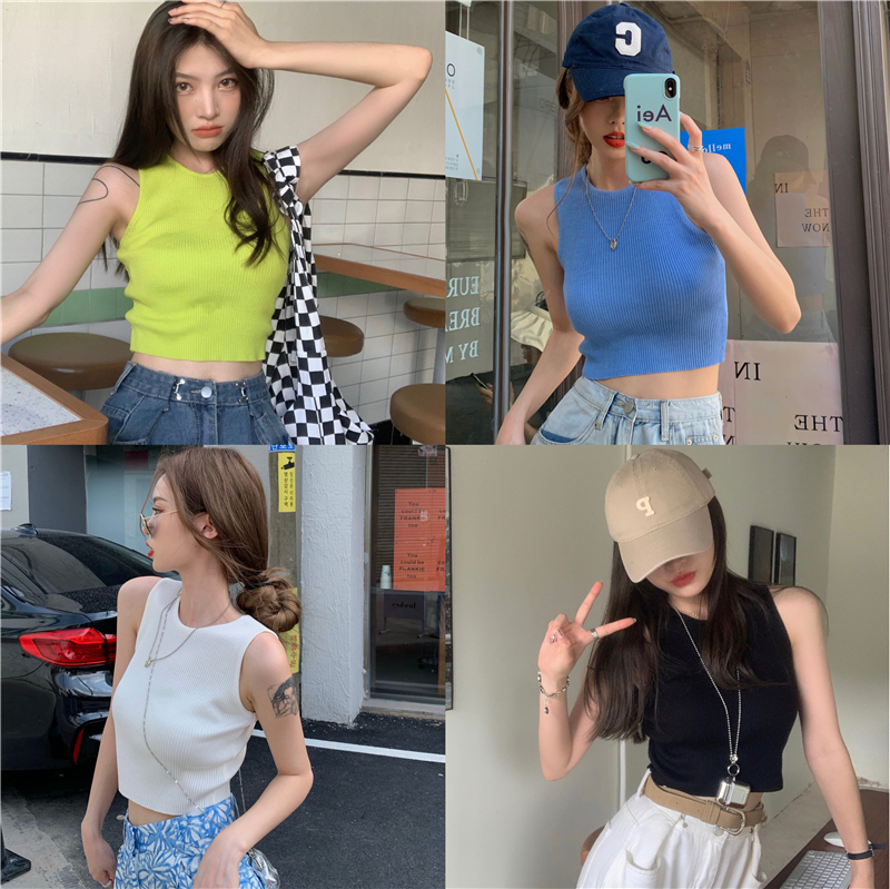 Real shot real price hot girl short exposed navel with knitted vest in summer Korean version slim sleeveless top