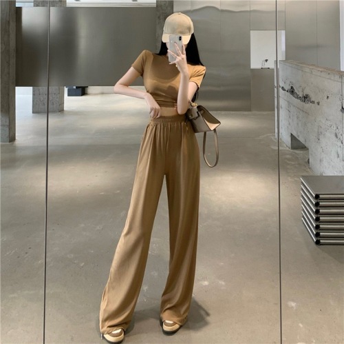 Korean fashion suit women's hollow out bandage Short Sleeve T-Shirt Top Elastic Waist Wide Leg casual pants two-piece set in summer