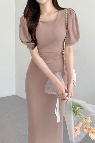 Korean chic summer new design sense square neck bubble sleeve dress shows thin air bag hip long skirt