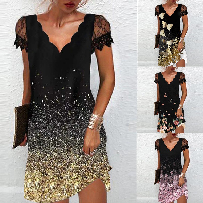 2022 women's cross border new eBay independent station positioning printing wave V-neck lace short sleeved dress