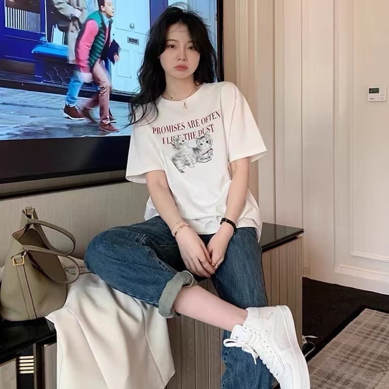 Loose short sleeve T-shirt women's 2022 summer new alphabet printed white top