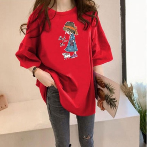 2022 medium long T-shirt women's summer Korean version loose large women's cartoon printing student short sleeve foreign trade