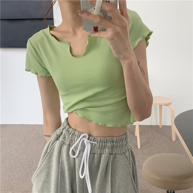 Korean fashion new slim fit collarbone solid color women's design sense collar short sleeve summer short style exposed navel tide