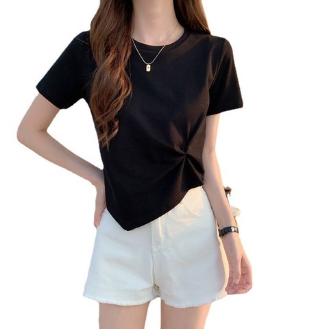 Irregular short sleeve T-shirt women's summer design sense of small half sleeve high waist short top