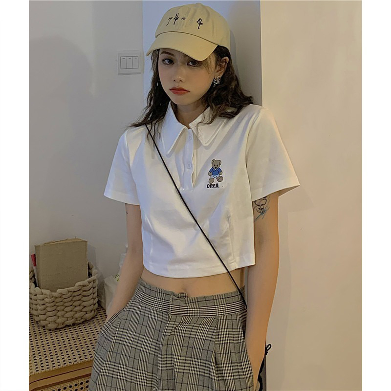 Official figure cotton bear T-shirt women's 2022 new summer short sleeve high waist exposed navel short
