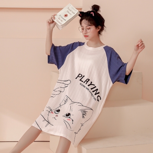 Real shooting of summer new combed cotton short sleeved nightdress Korean Sweet cartoon pajamas women's home clothes can be worn outside