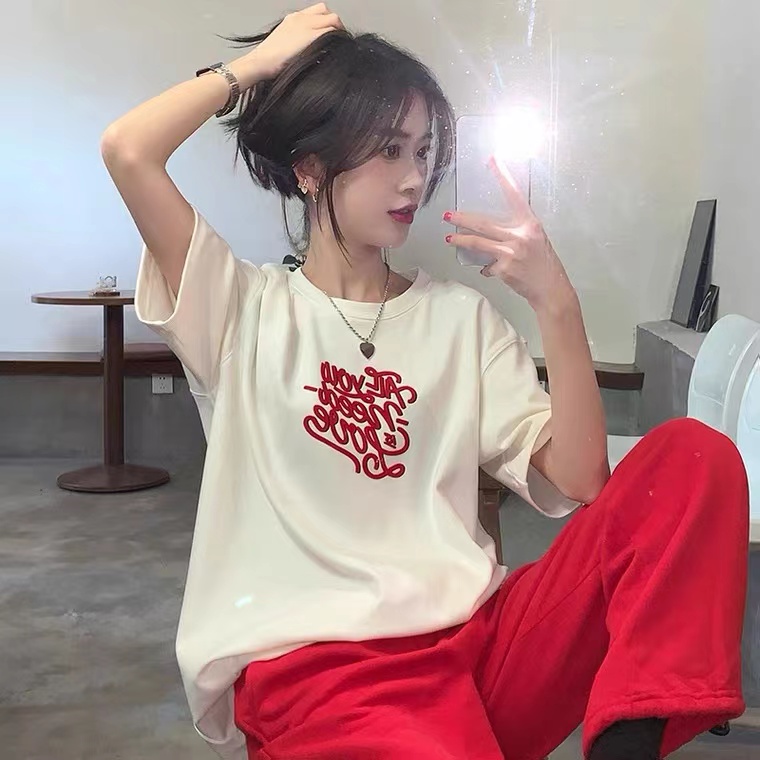 Loose short sleeve T-shirt women's 2022 summer new alphabet printed white top