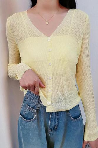 Real shooting of summer Korean version gentle wind ice silk V-neck thin micro transparent loose long sleeve knitted sunscreen cardigan