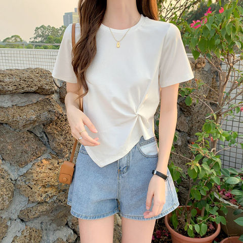 Irregular short sleeve T-shirt women's summer design sense of small half sleeve high waist short top