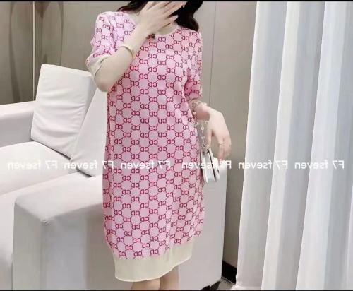 Women's cotton round neck thin short sleeve wool dress  new versatile large print medium and long skirt