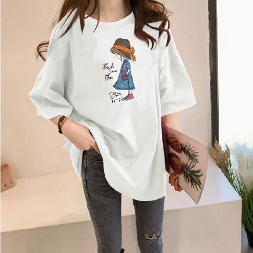 2022 medium long T-shirt women's summer Korean version loose large women's cartoon printing student short sleeve foreign trade